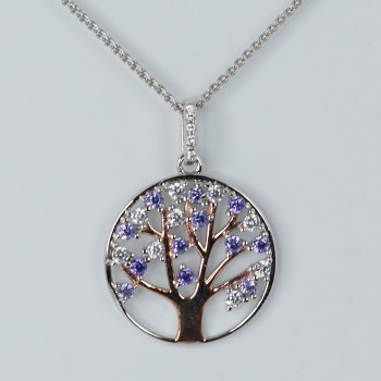 Sterling Silver/CZ Rose Gold Plated Tree of Life set with Amethyst  Pendant and Chain